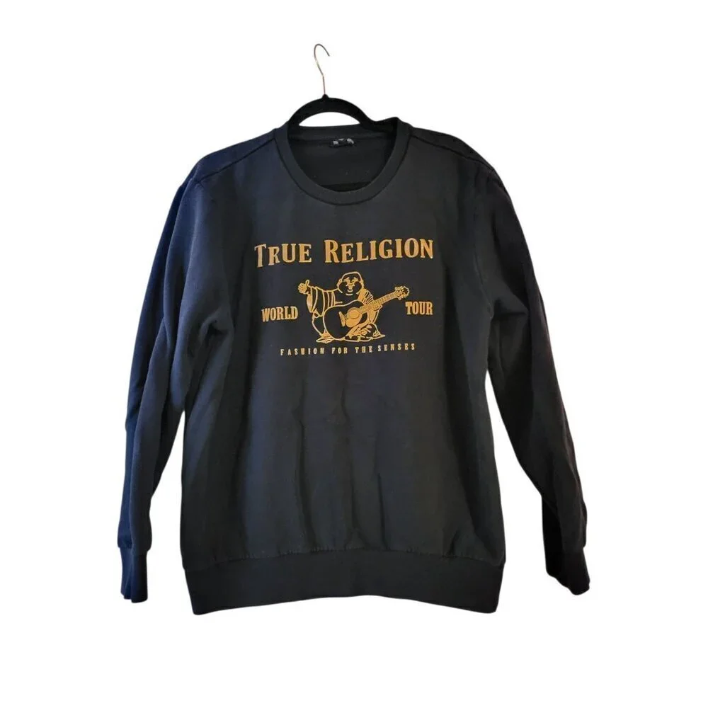 True Religion Mens Black Metallic Buddha Long Sleeve Flee Men's Size XL
